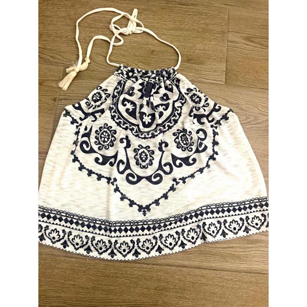 Flying Tomato Women's Halter top Floral Tassel Tie Top White/Blue L NWT